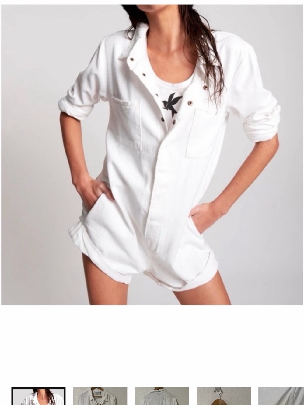 One Teaspoon Prophecy Jumpsuit White Denim Long Sleeve Snap Button Raw Hem-Large